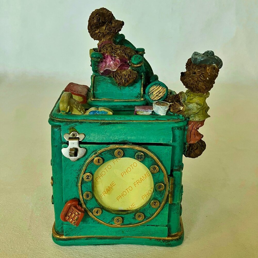 Photo Piggy Bank Money Box Picture Frame Teddy Bear Telephone Green Wood Vintage